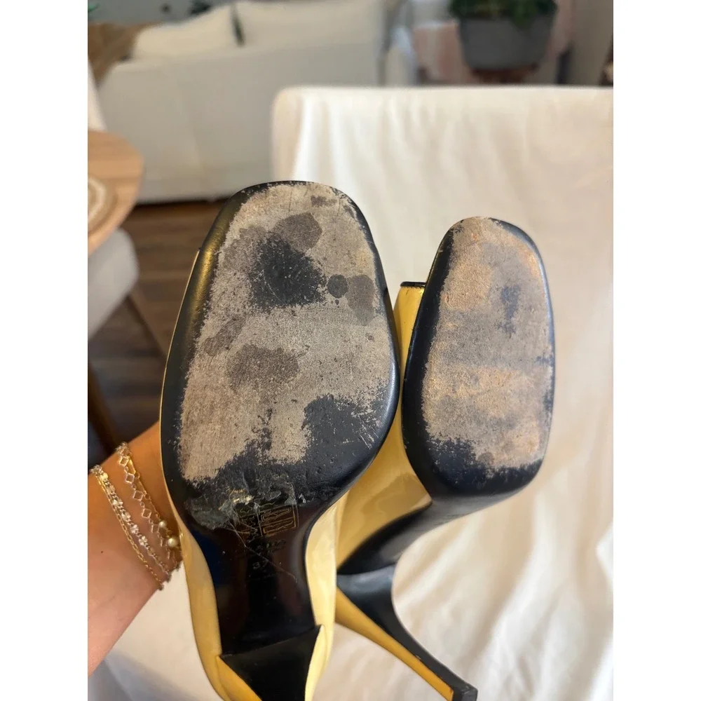 Prada Patent Leather Peep Toe Pumps Yellow Black Trim Stiletto Heels Size 37